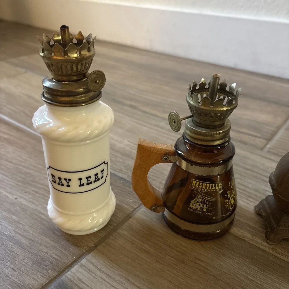 Vintage Miniature Oil Lamp Lot of 4 glass brass Camel Bay Leaf Syrup Oven
